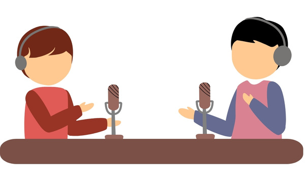 Two cartoon style people across from one another at a desk during a podcast. Each has a microphone in front of them and headphones on. They're arms are positioned to indicate that they are speaking and gesturing. This interview covers integrating FileMaker with Microsoft Exchange, through the Graph API.